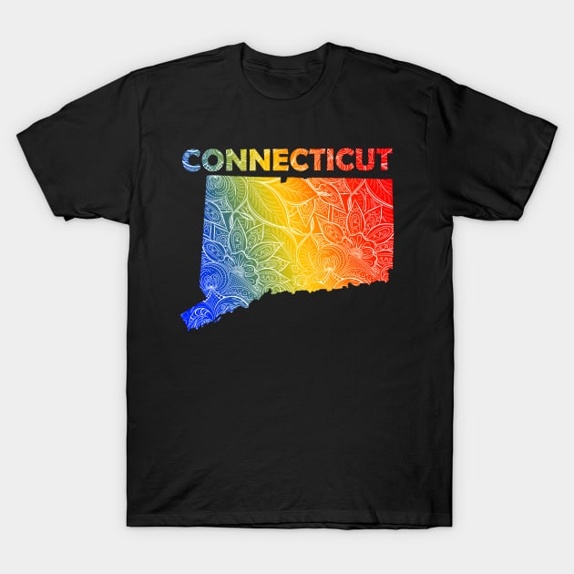 Colorful mandala art map of Connecticut with text in blue, yellow, and red T-Shirt by Happy Citizen